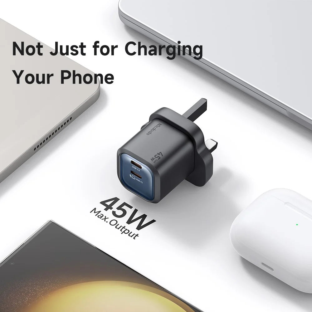 MCDODO CH-0992 UK Plug 45W Fast Charging Adapter Dual USB-C GaN Charger for iPhone iPad MacBook Samsung - Black - 6