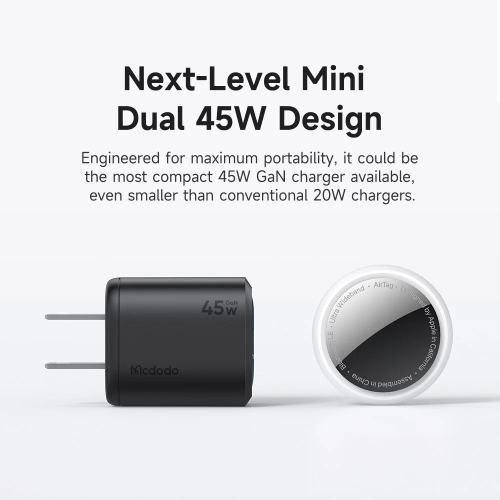 MCDODO CH-1022 US Plug 45W Fast Charging Adapter Dual USB-C GaN Charger for iPhone iPad MacBook Samsung - Black - 4