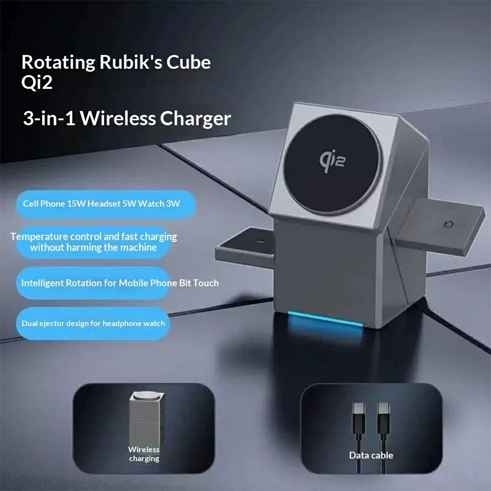 R28 3-in-1 Qi2 15W Wireless Charger Rotating Magnetic Charging Station Desktop Phone Stand for Phone Watch Earbuds - 3