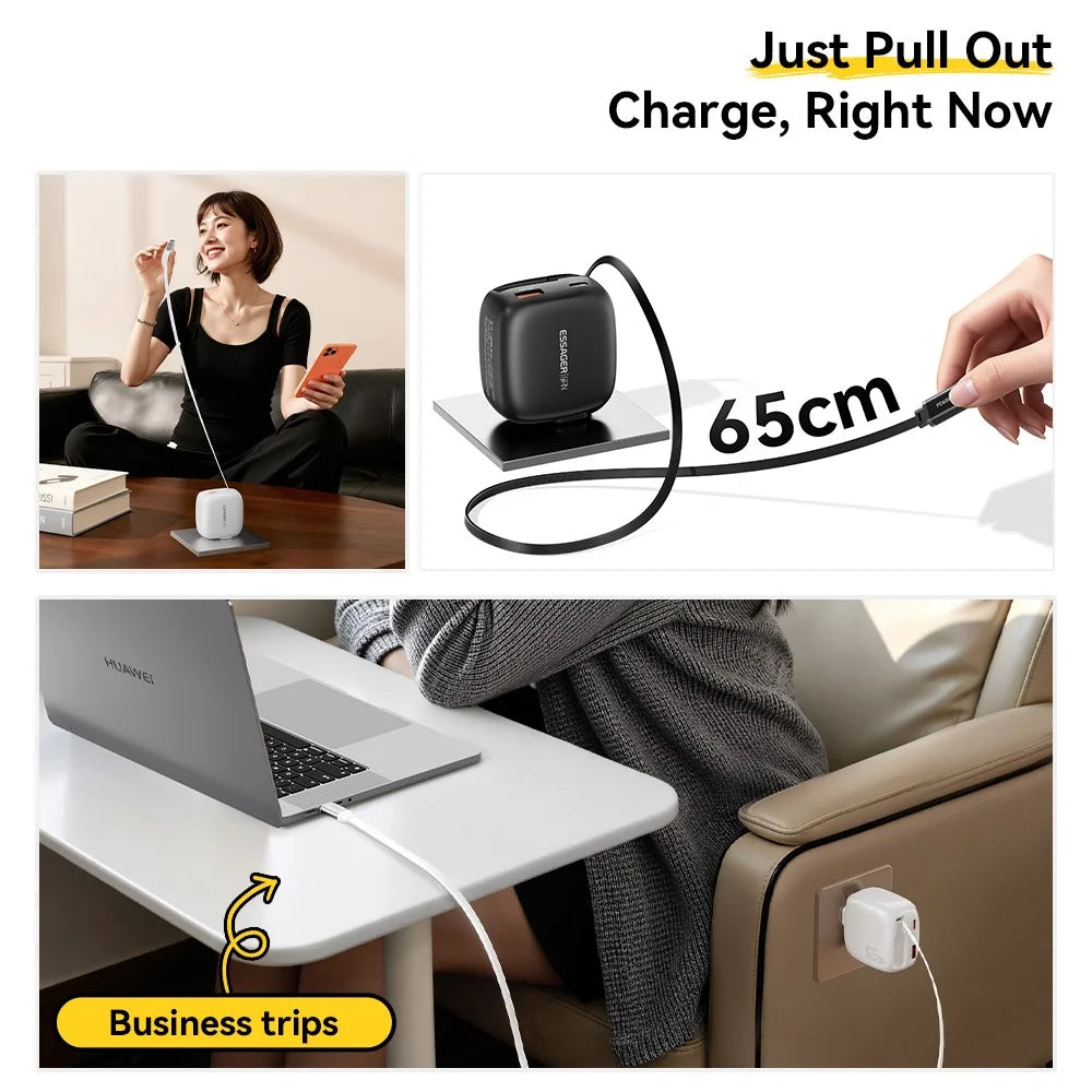 ESSAGER US Plug 65W Fast Charging GaN Travel Charger Type-C + USB-A Power Adapter with Retractable Cable - Black - 3
