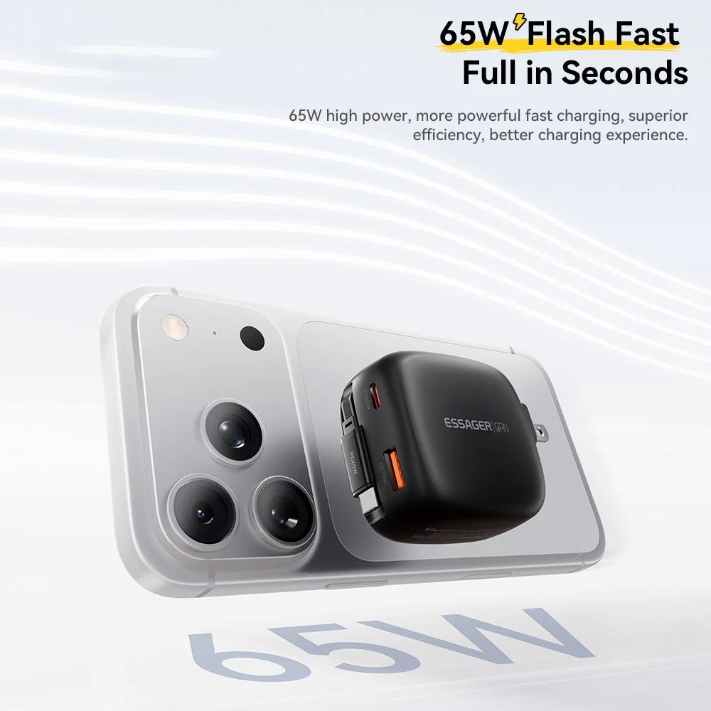 ESSAGER US Plug 65W Fast Charging GaN Travel Charger Type-C + USB-A Power Adapter with Retractable Cable - Black - 4
