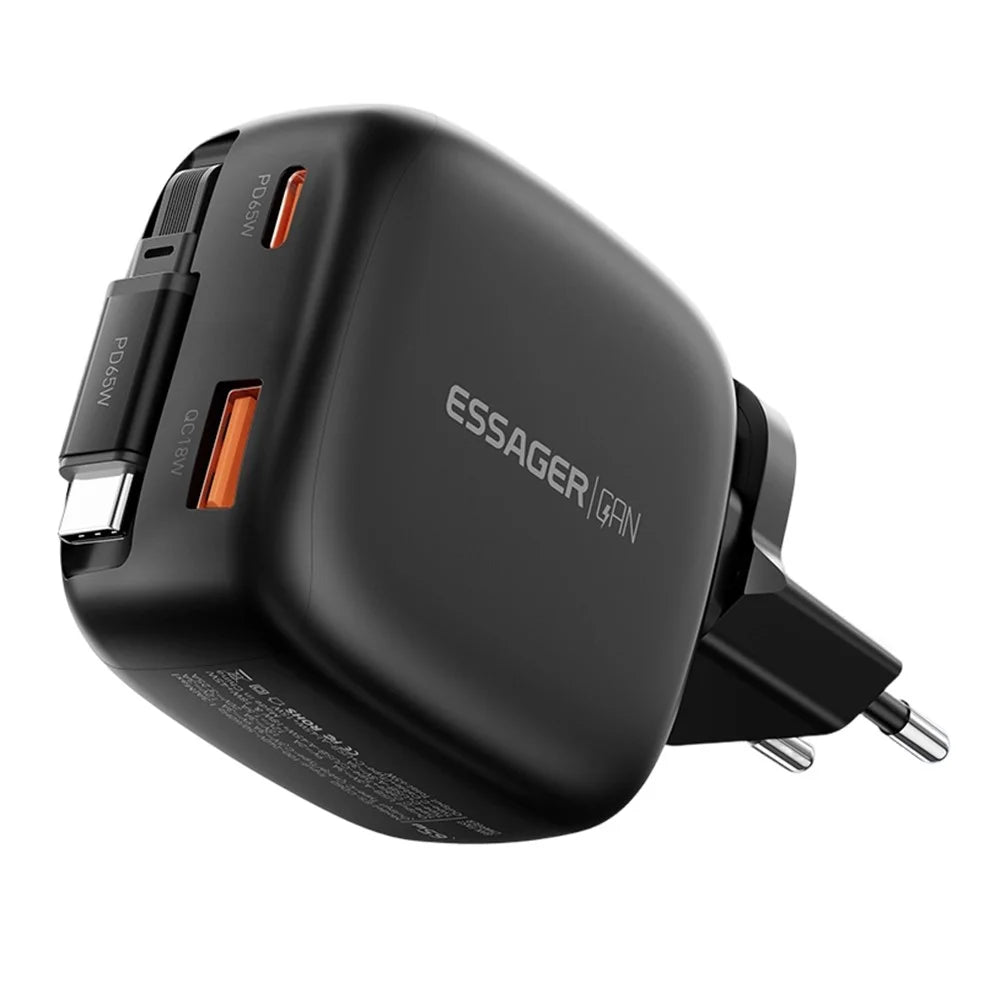 ESSAGER 65W Fast Charging GaN Travel Charger Type-C + USB-A Power Adapter with Retractable Cable - EU Plug / Black - 1