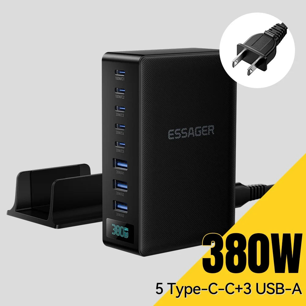 ESSAGER US Plug 100W Fast Charging GaN Desktop Charger 5 USB-C + 3 USB-A for Laptop Phone Tablet - Black - 2
