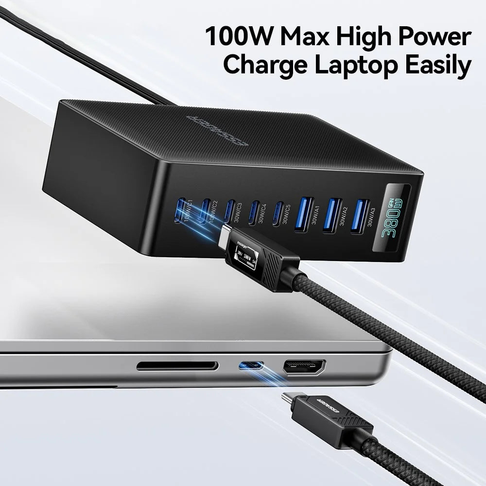 ESSAGER US Plug 100W Fast Charging GaN Desktop Charger 5 USB-C + 3 USB-A for Laptop Phone Tablet - Black - 5