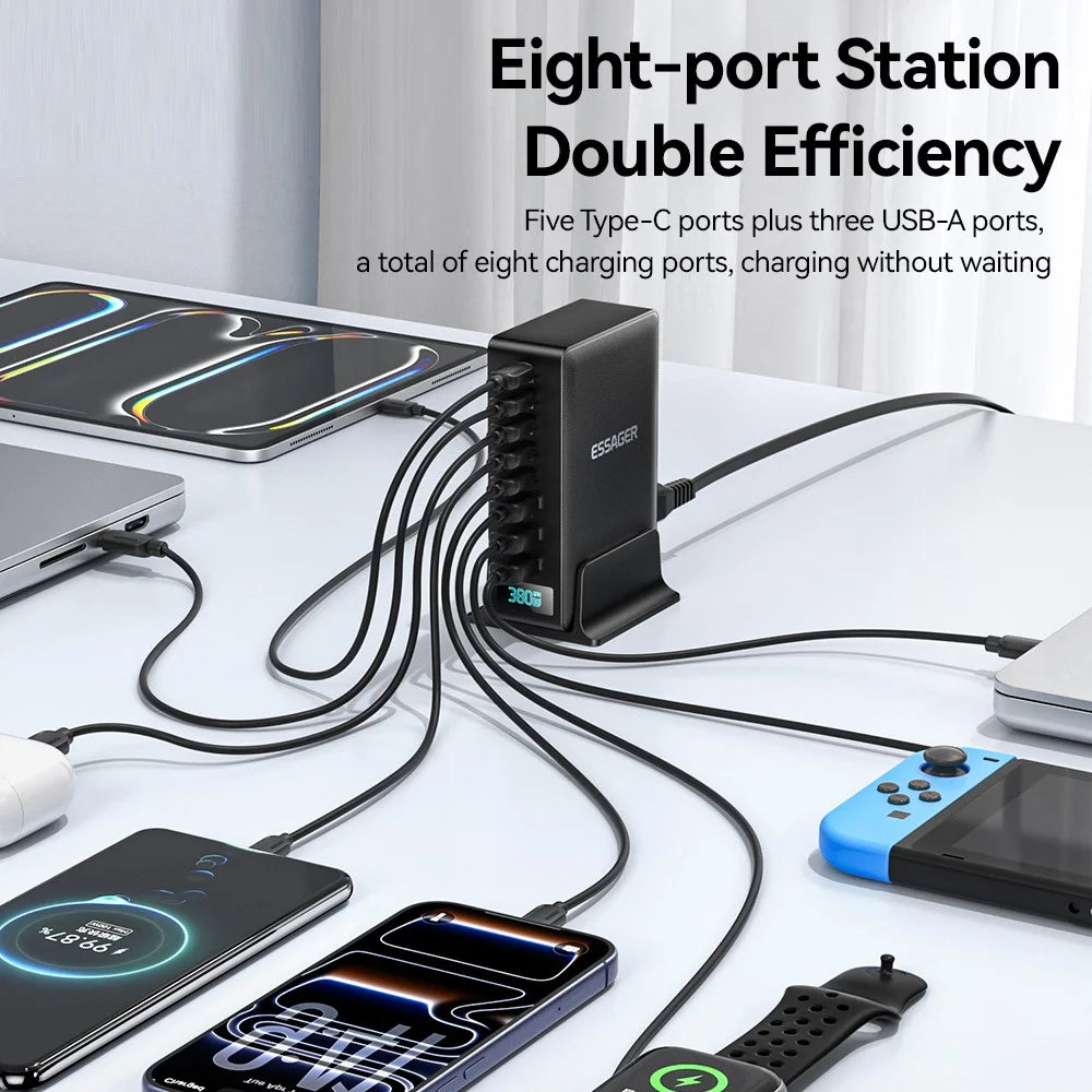 ESSAGER 100W Fast Charging GaN Desktop Charger 5 USB-C + 3 USB-A for Laptop Phone Tablet - EU Plug - 6