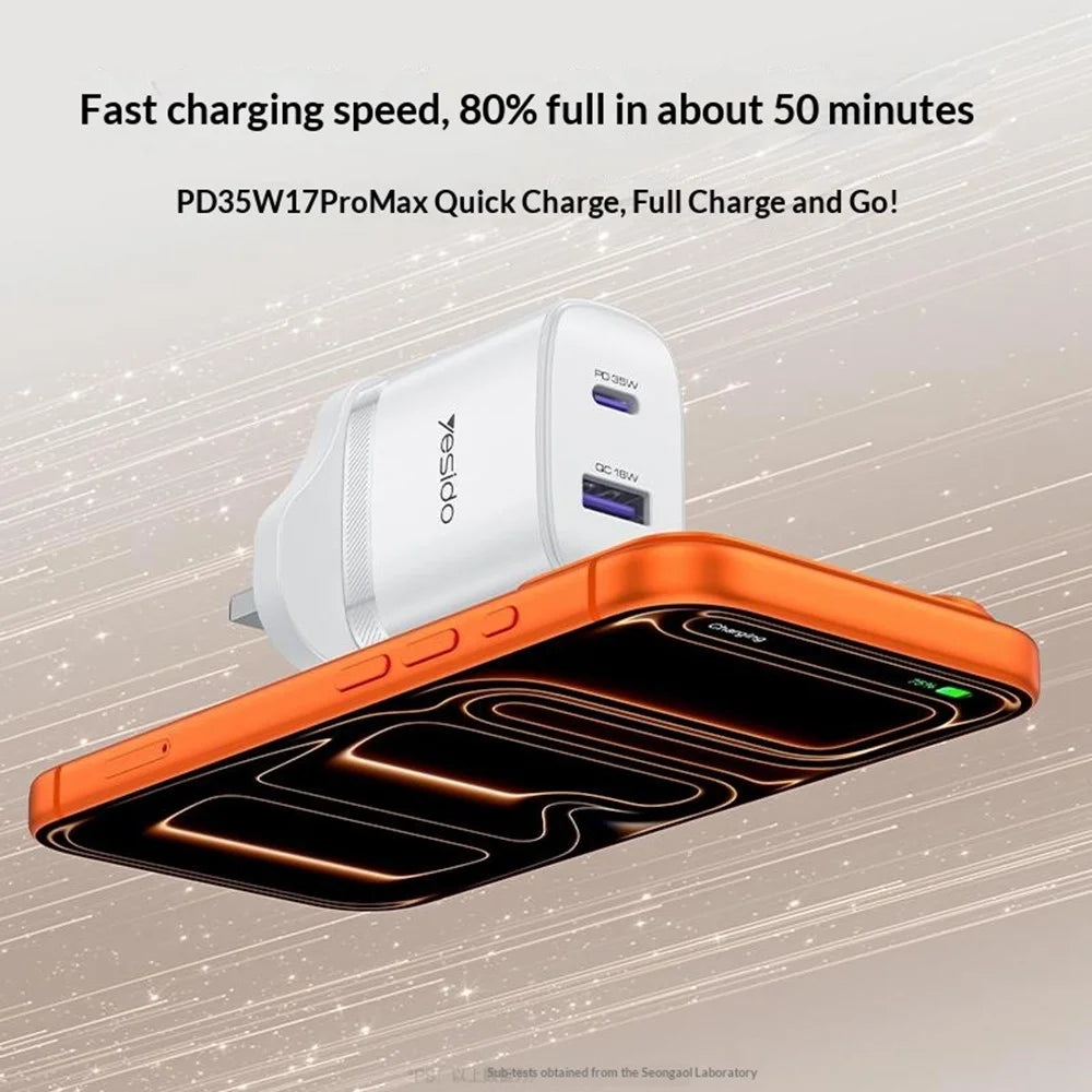 YESIDO YC154 UK Plug PD 35W USB-C + QC 18W USB-A Wall Charger Dual Port Fast Charging Adapter with 1m Type-C Cable - White - 4