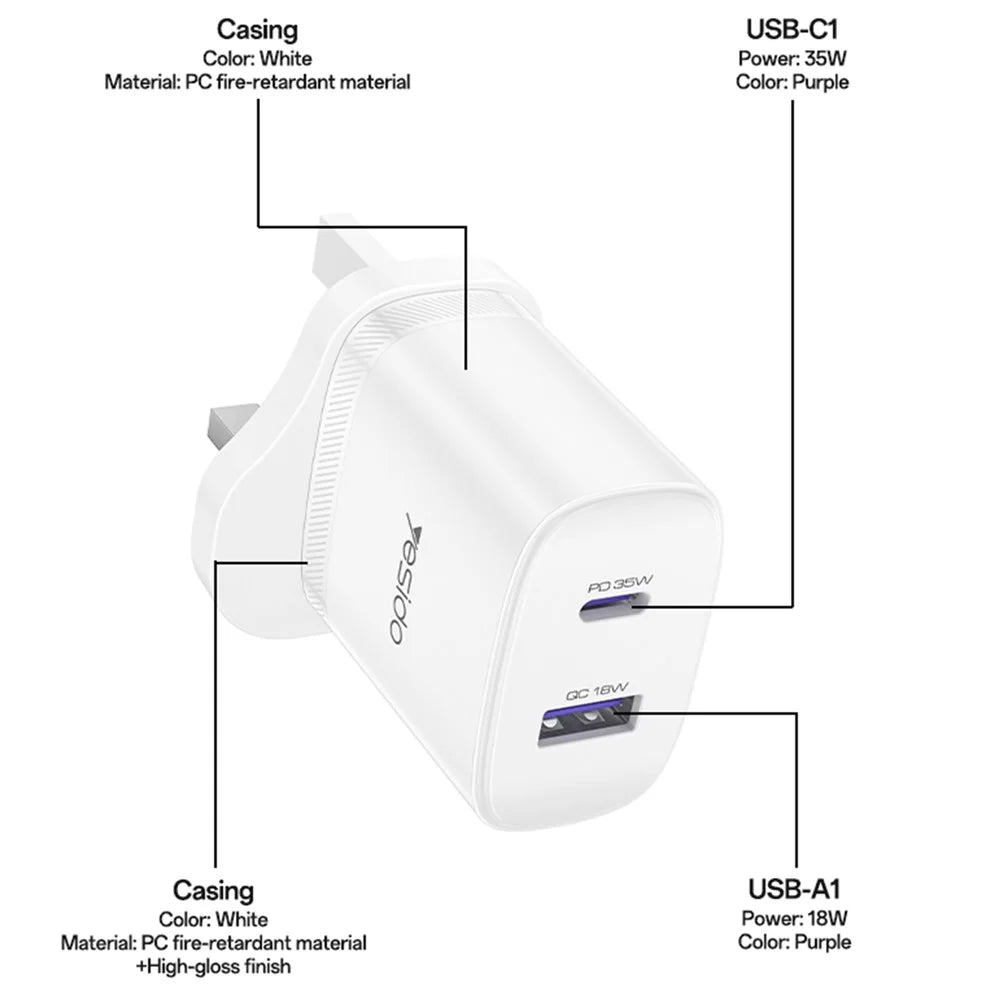 YESIDO YC154 UK Plug PD 35W USB-C + QC 18W USB-A Wall Charger Dual Port Fast Charging Adapter with 1m Type-C Cable - White - 7