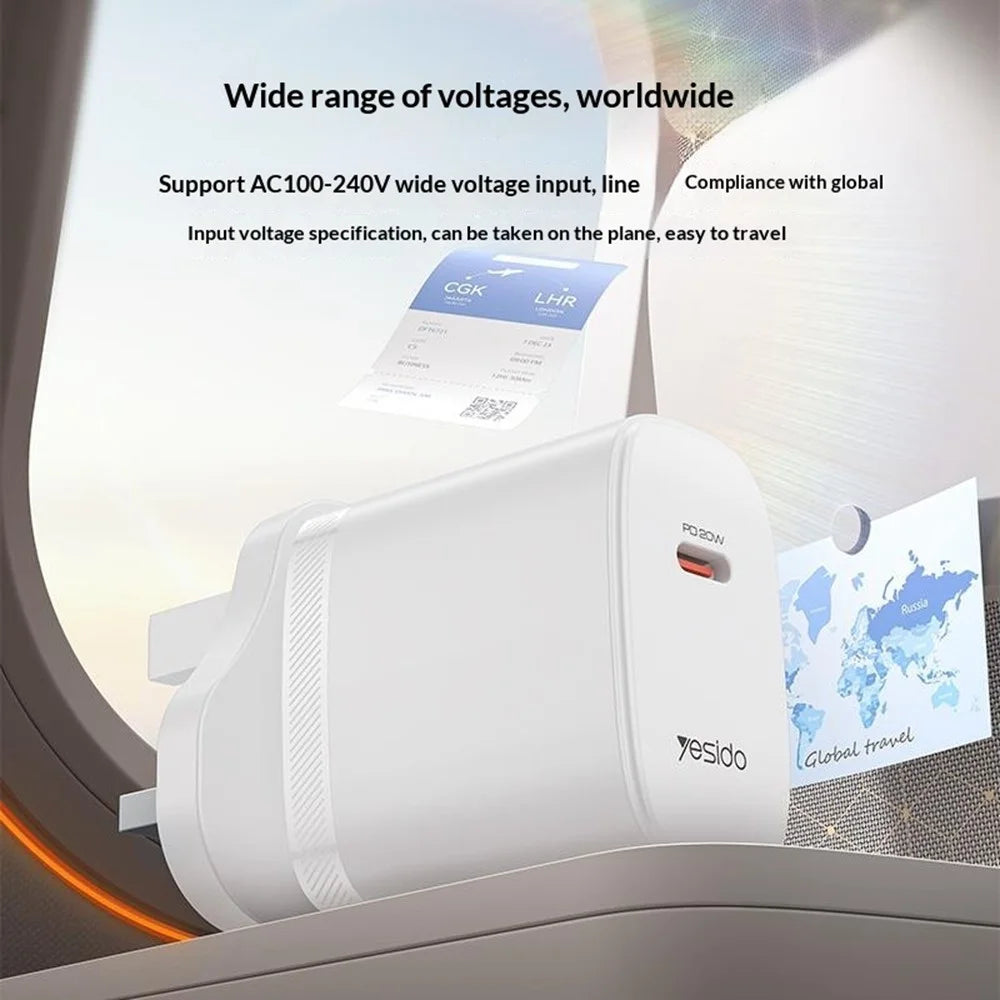 YESIDO YC151 UK Plug PD 20W USB-C Fast Charging Adapter Wall Charger with 1m Type-C Cable for iPhone iPad - White - 5
