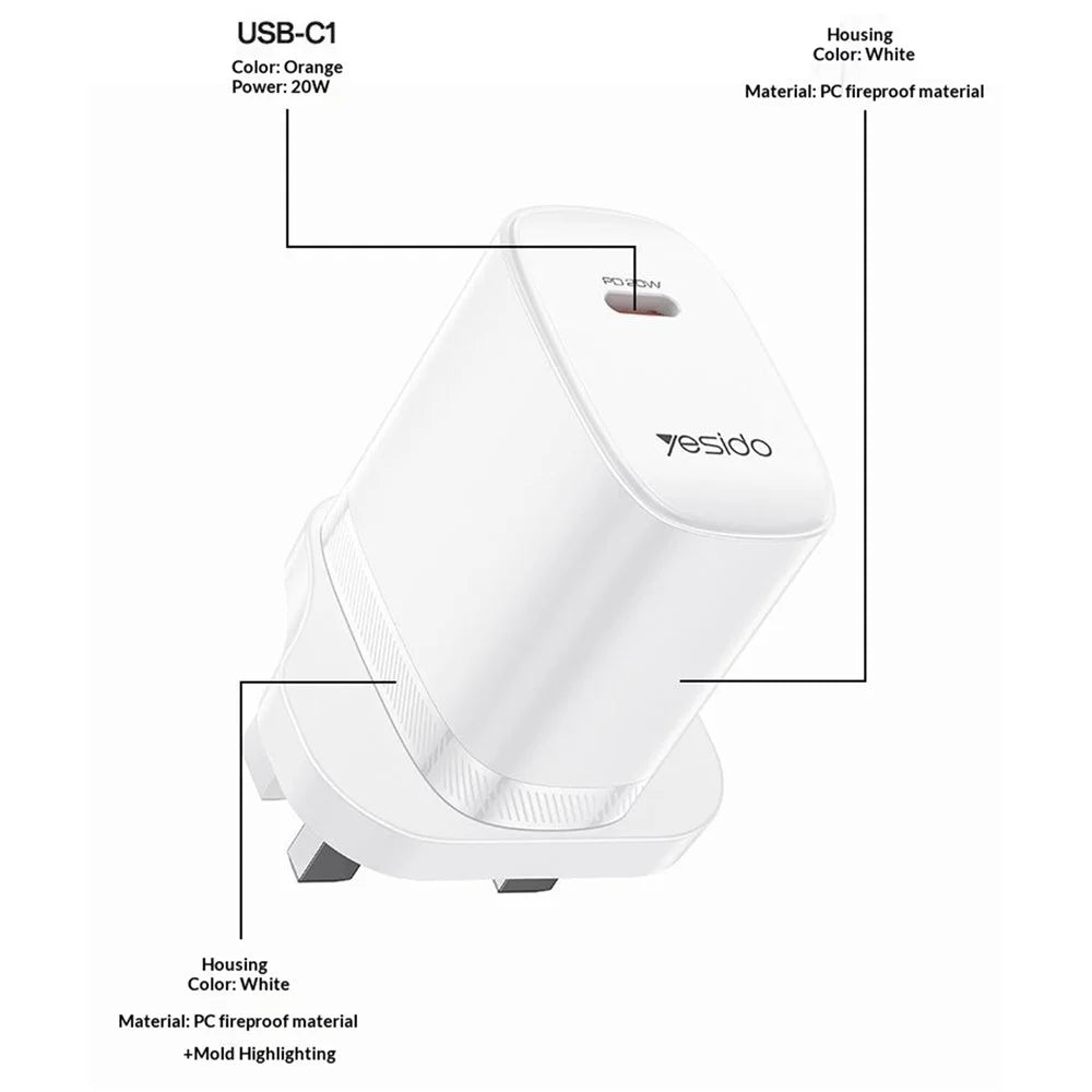 YESIDO YC151 UK Plug PD 20W USB-C Fast Charging Adapter Wall Charger with 1m Type-C Cable for iPhone iPad - White - 7