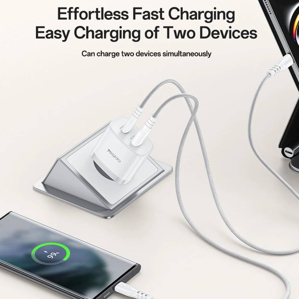 YESIDO YC110 EU Plug PD 45W USB-C + QC 18W USB-A Wall Charger Dual Port Fast Charging Adapter with 1m Type-C Cable - White - 7