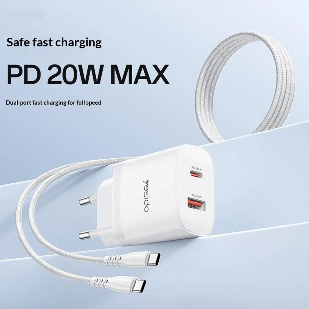 YESIDO YC106 EU Plug PD 20W USB-C + QC 18W USB-A Wall Charger Dual Port Fast Charging Adapter with 1m Type-C Cable - White - 2