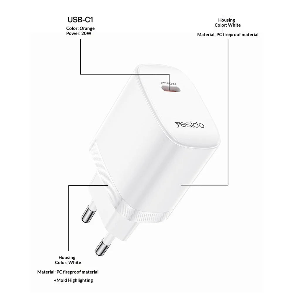 YESIDO YC105 EU Plug PD 20W USB-C Fast Charging Adapter Wall Charger with 1m Type-C Cable for iPhone iPad - White - 7