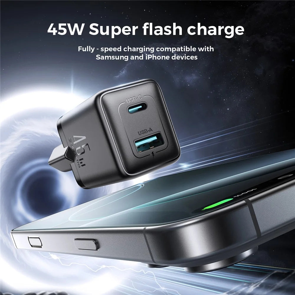 JOYROOM JR-TG8 45W GaN Charger USB-A + USB-C Dual Ports Fast Charging Adapter - EU Plug / Black - 2