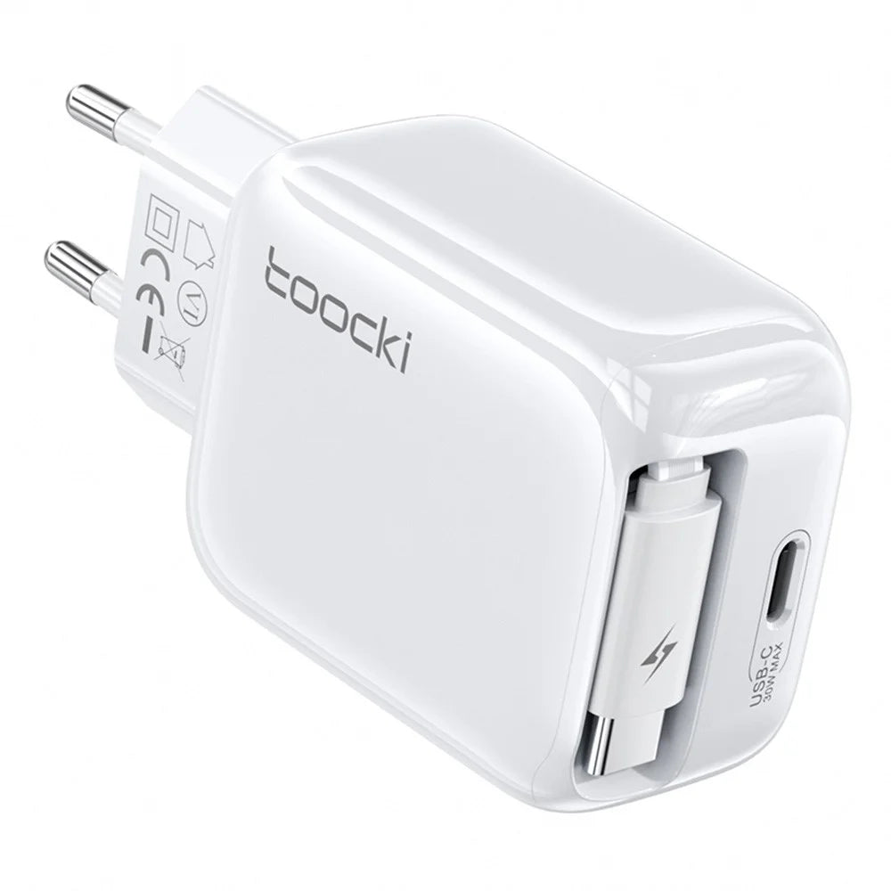 TOOCKI TC55302 30W GaN Charger Built-in 68cm Retractable USB-C Cable 2-in-1 Fast Charging Power Adapter - White  /  EU Plug - 1