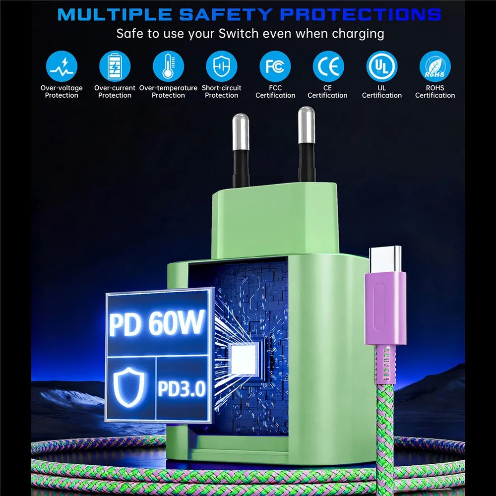 PD 60W Fast Charger for Nintendo Switch 2 / Lite / OLED Gaming Console Type-C Wall Charger with 6.6ft Cable - Matcha Green - 3
