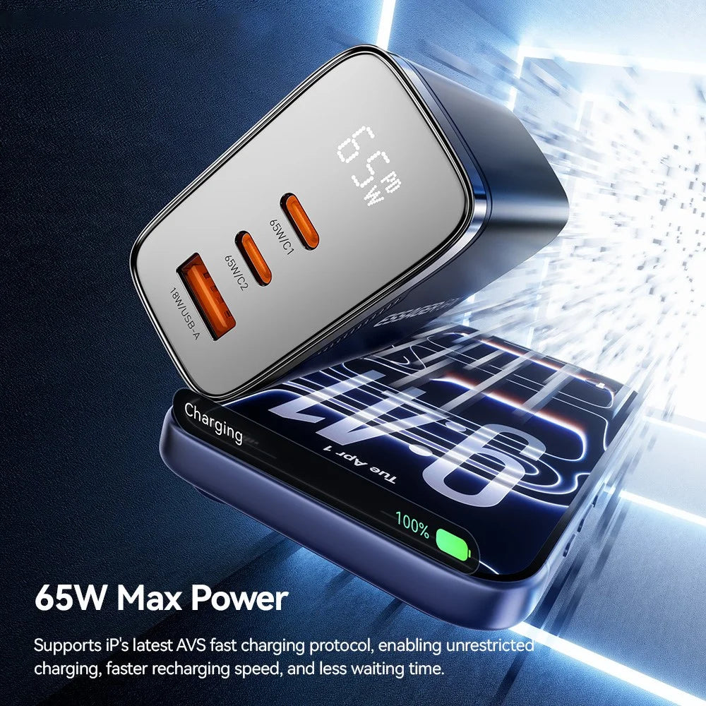 ESSAGER ES-CD64 65W GaN Wall Charger 3-Port 2 USB-C+USB-A Fast Charging Digital Display Travel Power Adapter - Black  /  EU Plug - 6