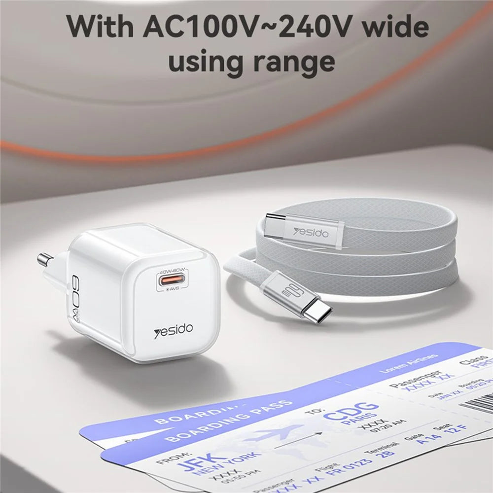 YESIDO YC117 40-60W USB-C GaN Charger with USB-C Cable Clear Dual-Color AVS DPS PPS Dynamic Fast Charging Adapter for Phone Tablet Laptop - Orange - 6