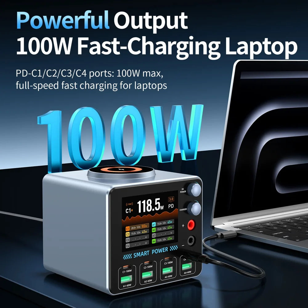 WLX-F4 USB-C + USB-A 8-Port GaN Desktop Charger 100W Fast Charging Station Magnetic Wireless Charger with Digital Display - US Plug - 4