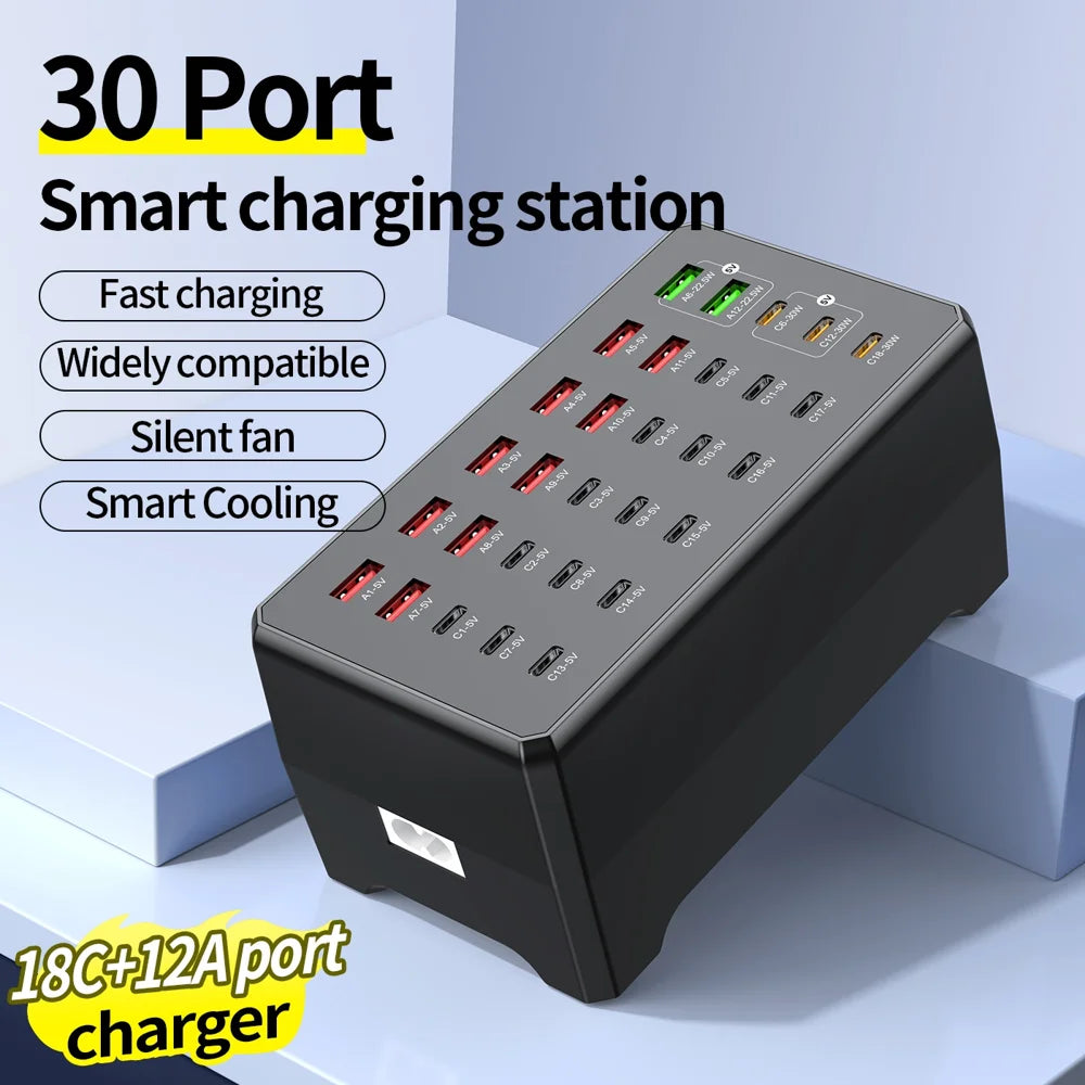 WLX-268F 30-Port Desktop Charger Hub with 18 USB-C and 12 USB-A Ports 30W Fast Charging Station - US Plug - 2