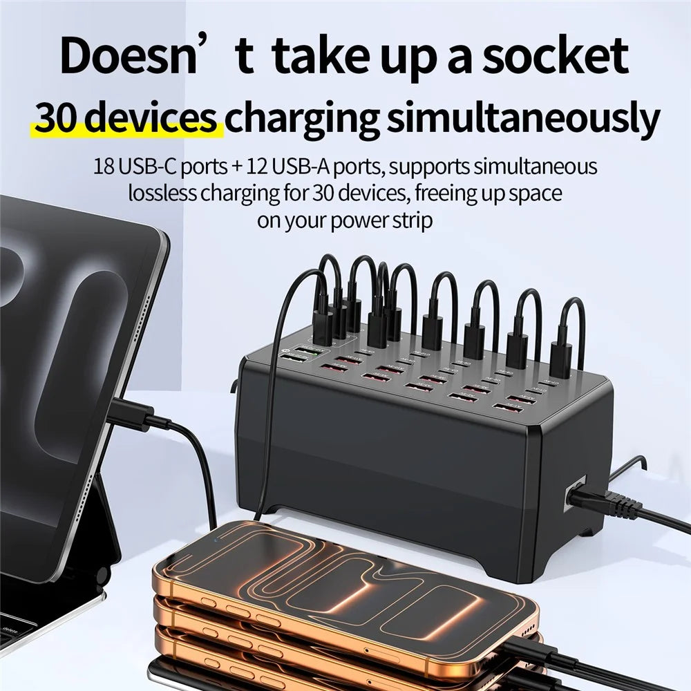 WLX-268F 30-Port Desktop Charger Hub with 18 USB-C and 12 USB-A Ports 30W Fast Charging Station - US Plug - 3