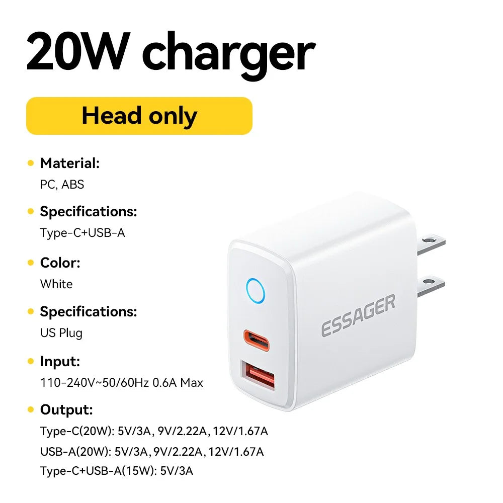 ESSAGER ES-CD55 20W Wall Charger Dual Port USB-A + Type-C Fast Charging Adapter for Phone - US Plug - 2
