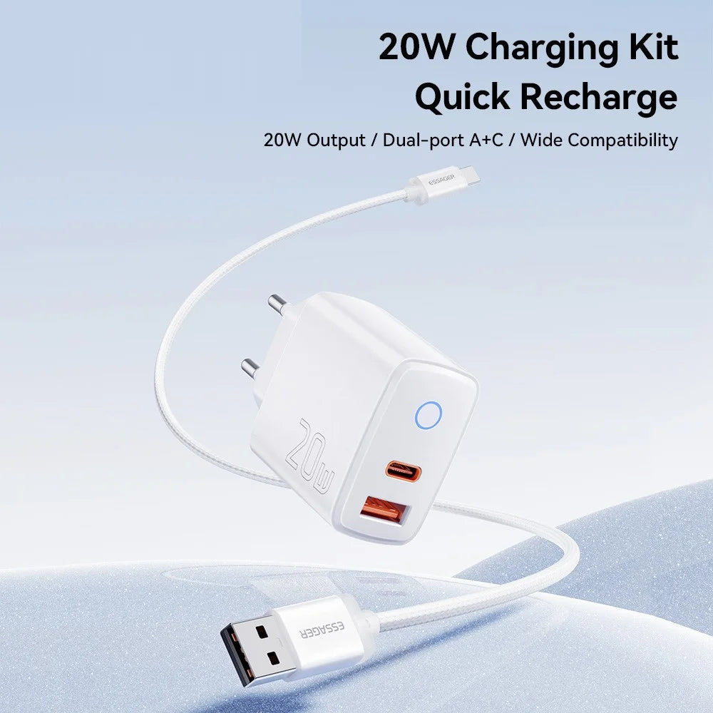 ESSAGER ES-CD55 20W Charger Set Dual Port USB-A  + Type-C Fast Charging Adapter with Type-C to Type-C Cable - EU Plug - 3