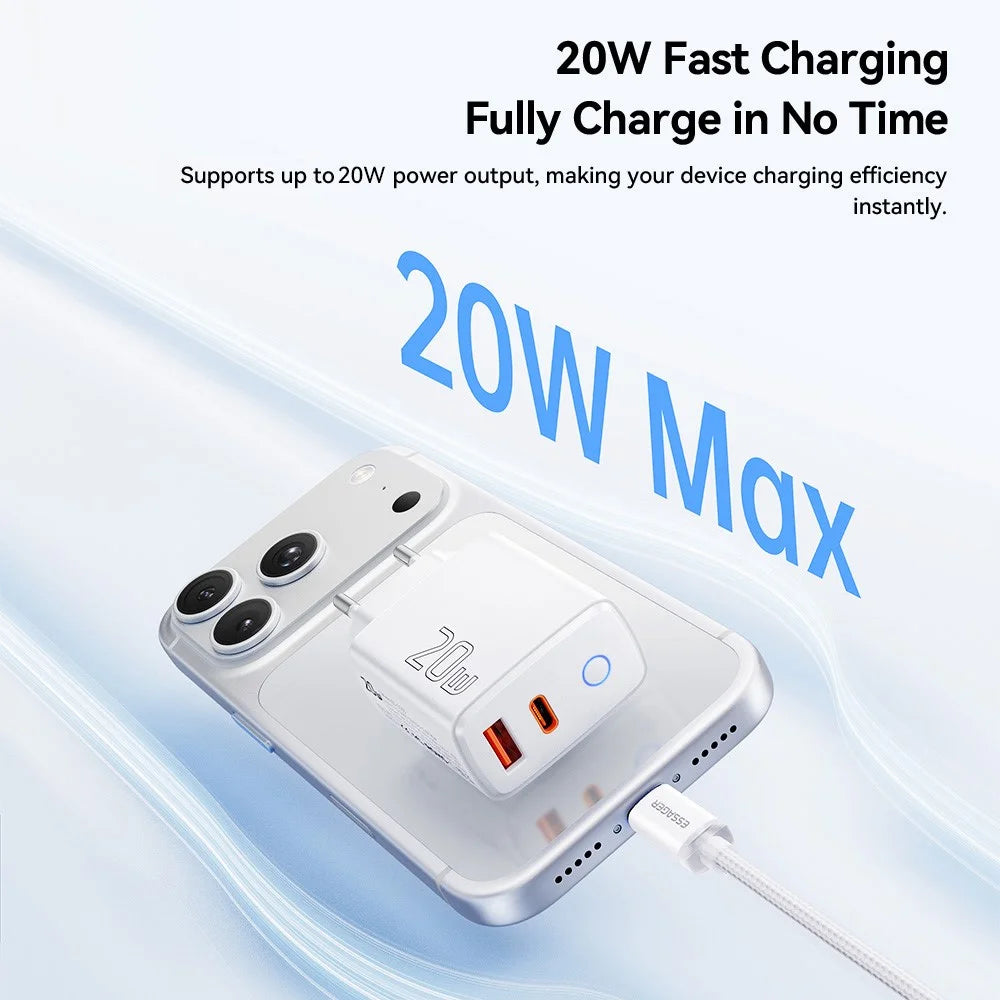 ESSAGER ES-CD55 20W Charger Set Dual Port USB-A  + Type-C Fast Charging Adapter with Type-C to Type-C Cable - EU Plug - 4