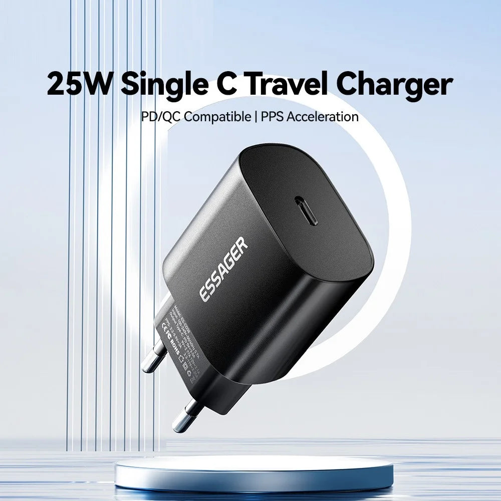 ESSAGER ES-CD38 25W USB-C Wall Charger PD Fast Charging Adapter for iPhone Samsung, EU Plug - Black - 2