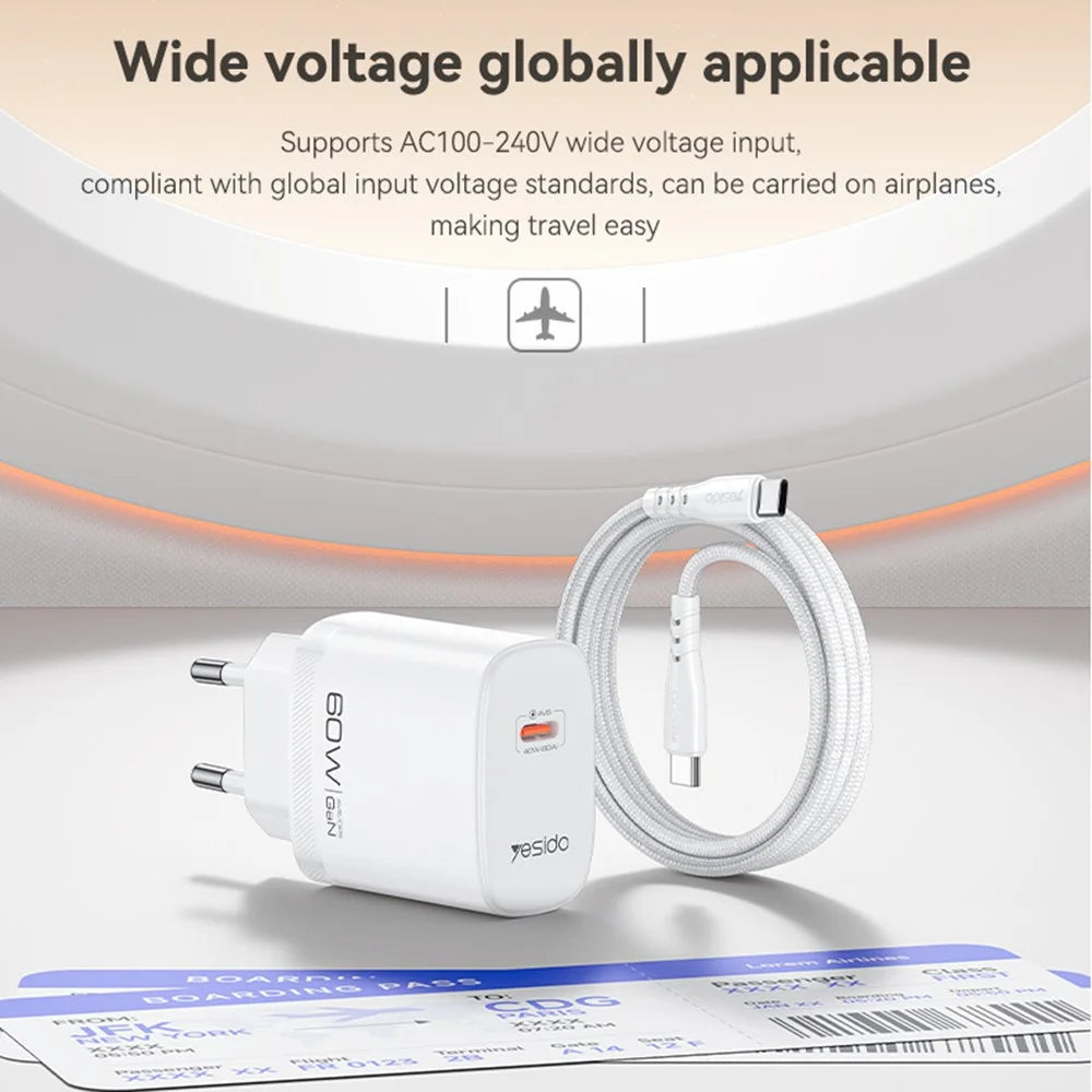 YESIDO YC115 USB-C GaN Charger 40-60W AVS Dynamic Power Adapter with Type-C to Type-C Cable, EU Plug - White - 6