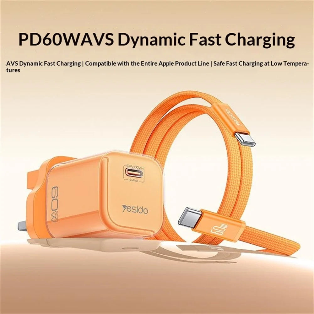 YESIDO YC161 60W Dynamic Charger USB-C PD Fast Charging Adapter with Type-C to Type-C Cable , UK Plug - Orange - 3