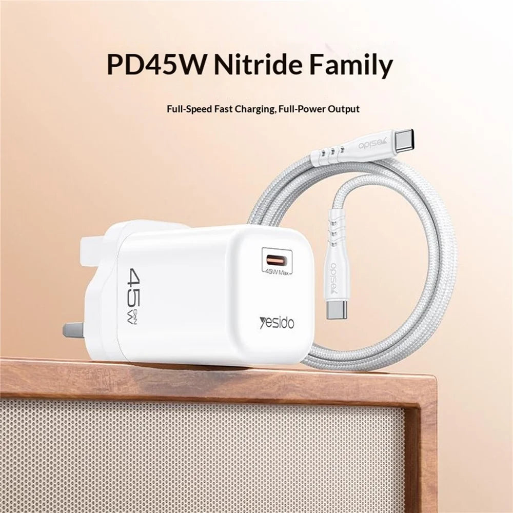 YESIDO YC160 45W GaN Charger USB-C PD Fast Charging Adapter with Type-C Cable , UK Plug - White - 2