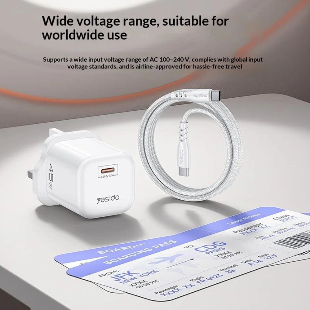 YESIDO YC160 45W GaN Charger USB-C PD Fast Charging Adapter with Type-C Cable , UK Plug - White - 5