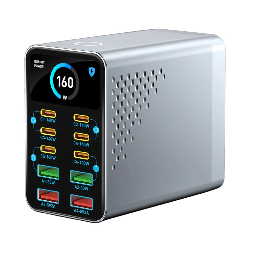 WLX-G2 140W Fast Charger USB-A + USB-C 10 Ports GaN Desktop Charging Station with 1.47 Inch Display - US Plug - 1
