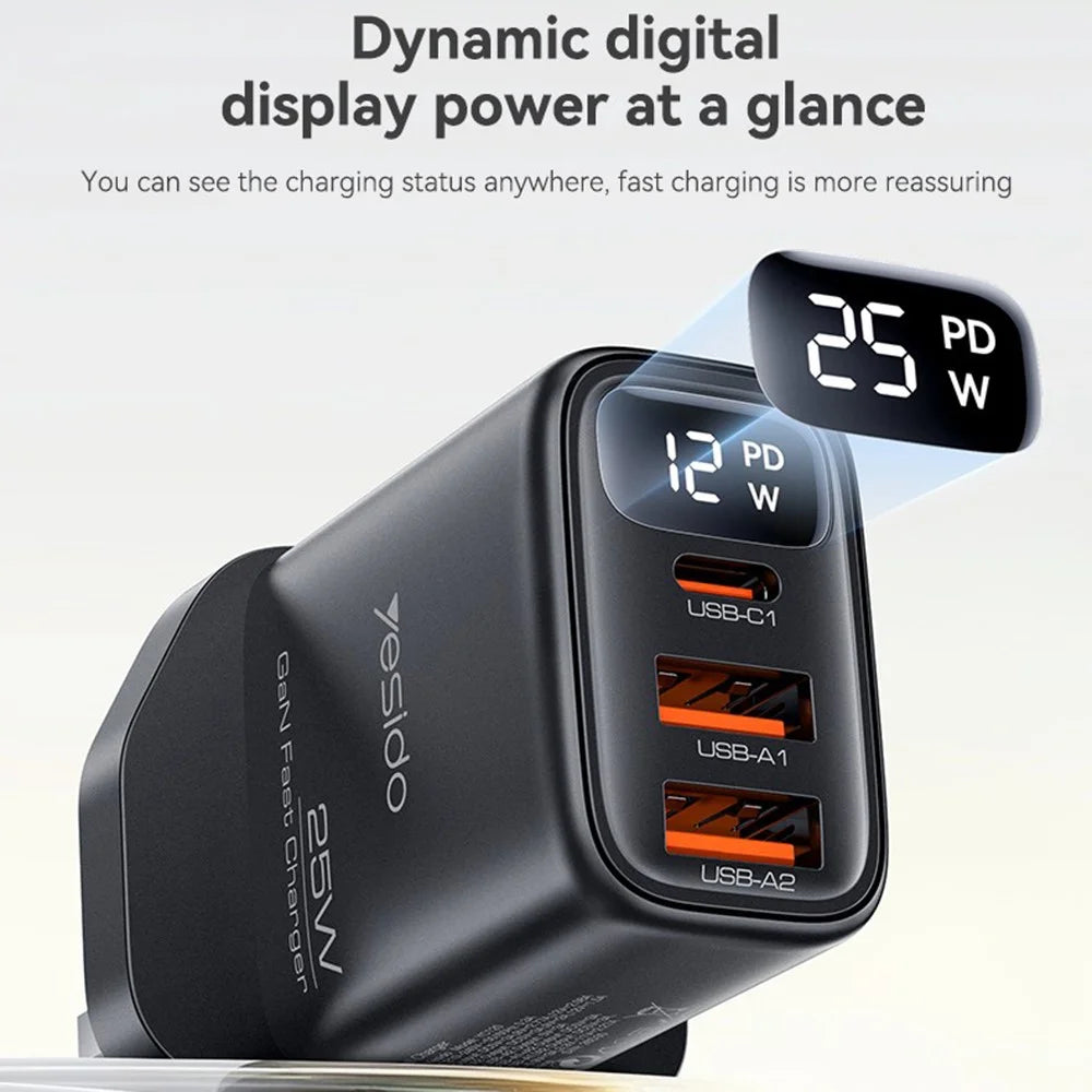 YESIDO YC163L 25W Fast Charger with USB-C to iP Cable Digital Display 3-Port Power Adapter, UK Plug - Black - 7