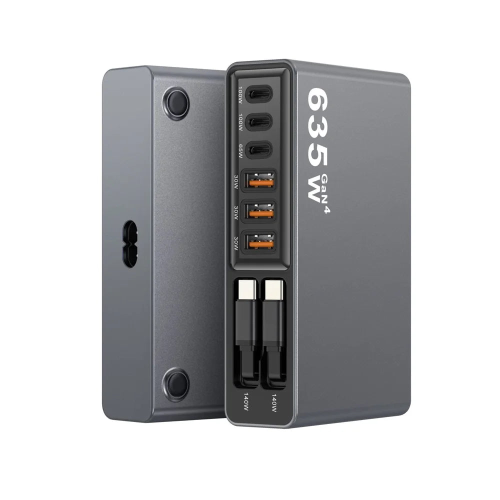 8-Port GaN Desktop Charger 140W Fast Charging Station with Dual Retractable Type-C Cables - US Plug - 3