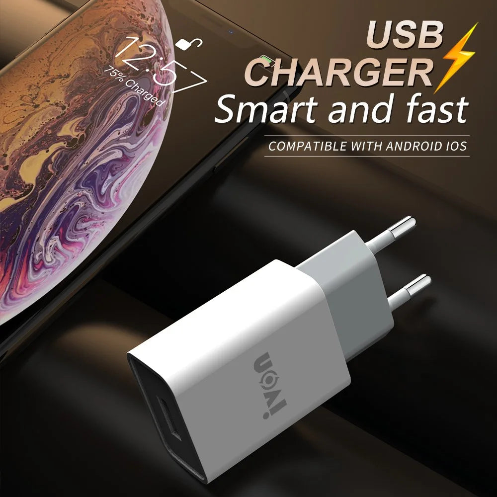 IVON AD-33 2.1A USB Charger Portable Travel Wall Adapter + 1m Type-C Data Cable - EU Plug - 2