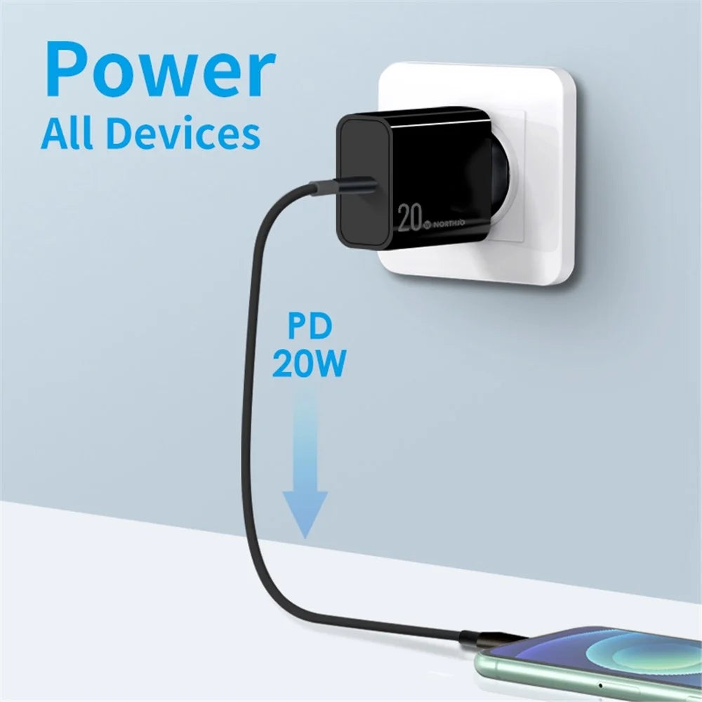 NORTHJO NOPD200601EU PD 20W USB C Single Port Fast Charger Wall Adapter - EU Plug/Black - 2