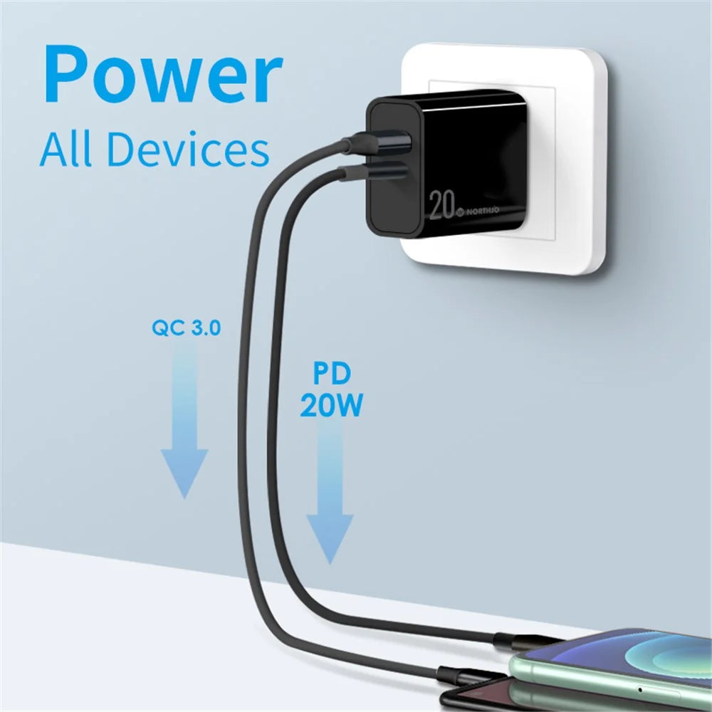 NORTHJO NOPD200602AU USB A + Type-C PD 20W  QC3.0 Fast Charger Dual Ports Power Adapter - AU Plug/Black - 2