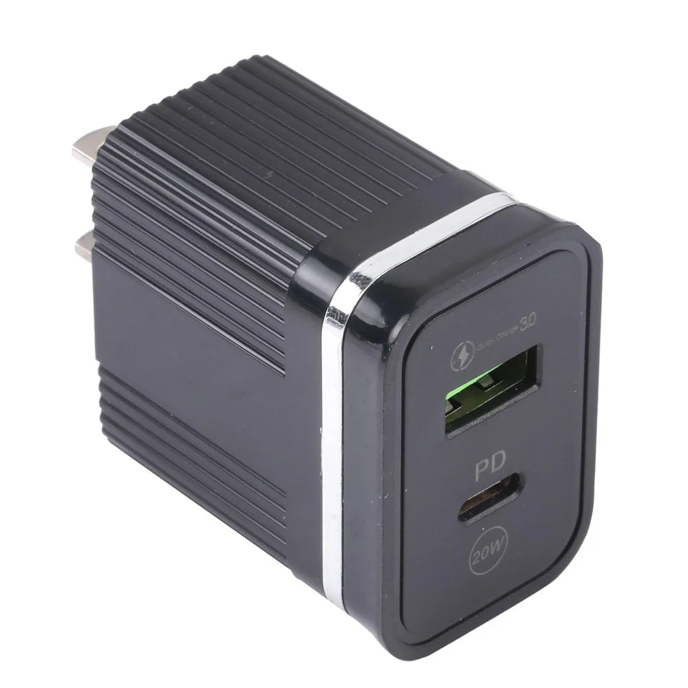46-A2C2 20W PD + QC3.0 USB Fast Charger Type-C / USB-A Dual Port Power Adapter - US Plug / Black - 2