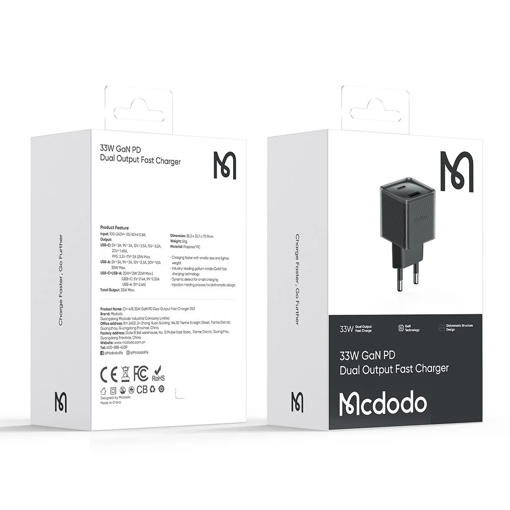 MCDODO CH-415 33W GaN USB+Type-C EU Plug Wall Charger Fireproof PC Phone Tablet Power Adapter - Black - 7
