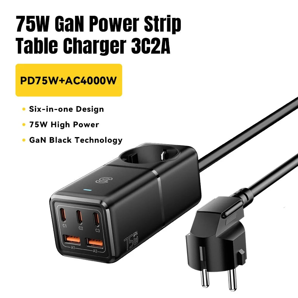 ESSAGER WL-Gan75-EU 75W GaN Power Strip Table Charger 3Type-C+2USB-A High Power Charger Adapter, EU Plug - 2