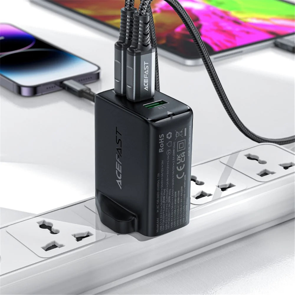 ACEFAST A44 PD 65W Wall Charger 2 Type-C + 1 USB-A GaN Phone Charging Adapter, UK Plug - Black - 5