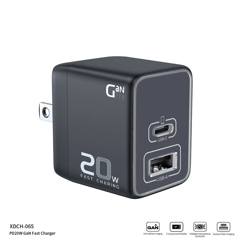 XUNDD XDCH-065 20W Fast Charging Block Type-C+USB-A GaN Power Adapter - US Plug - 3