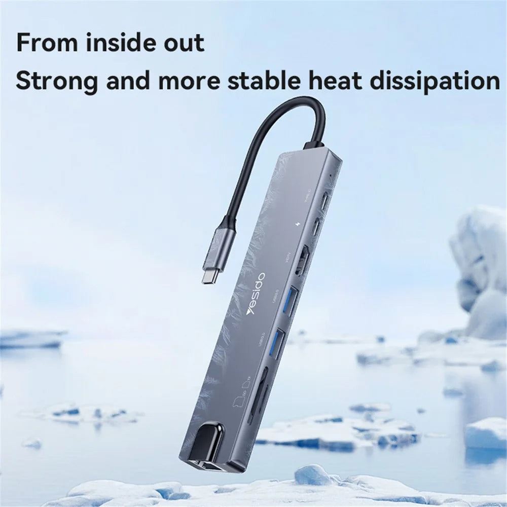 YESIDO HB27 8-in-1 USB Hub Docking Station Type-C to 2xUSB3.0 + USB-C3.0 Data + PD 100W + RJ45 + SD / TF + 4K HD Adapter - 3