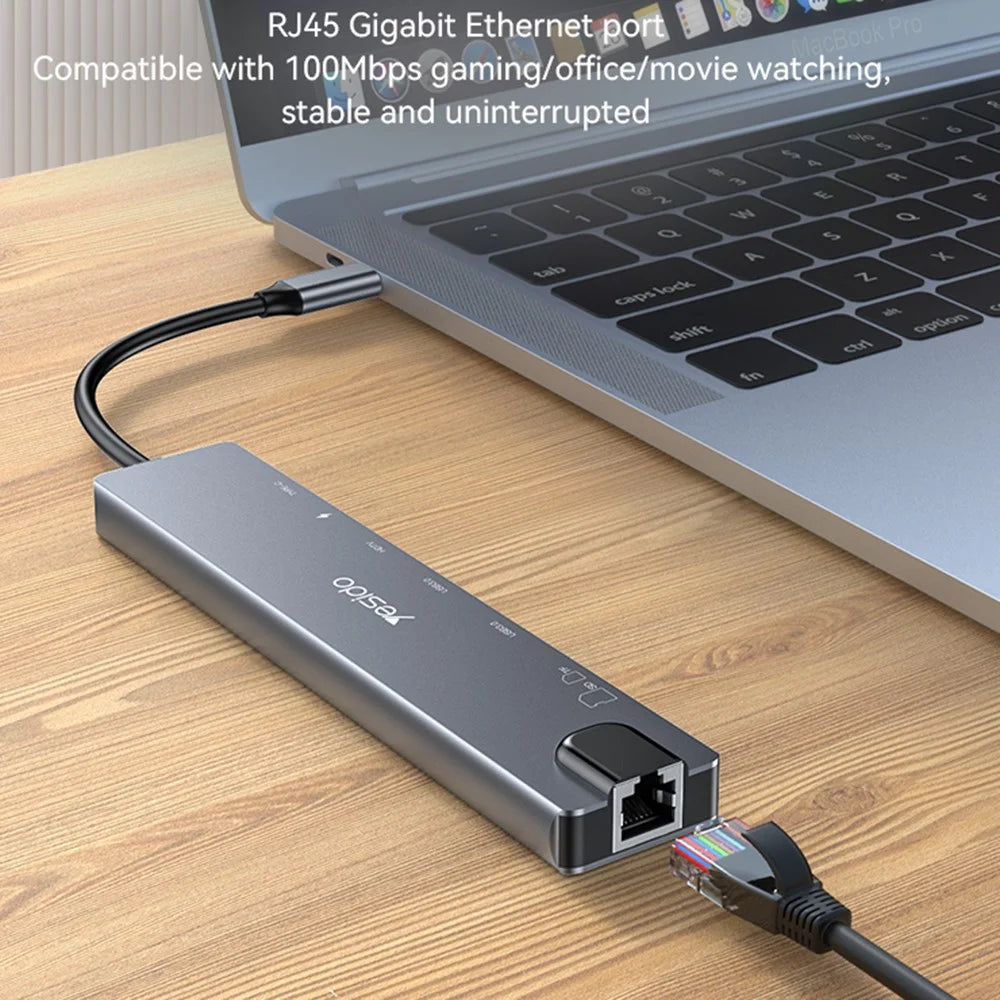YESIDO HB27 8-in-1 USB Hub Docking Station Type-C to 2xUSB3.0 + USB-C3.0 Data + PD 100W + RJ45 + SD / TF + 4K HD Adapter - 7