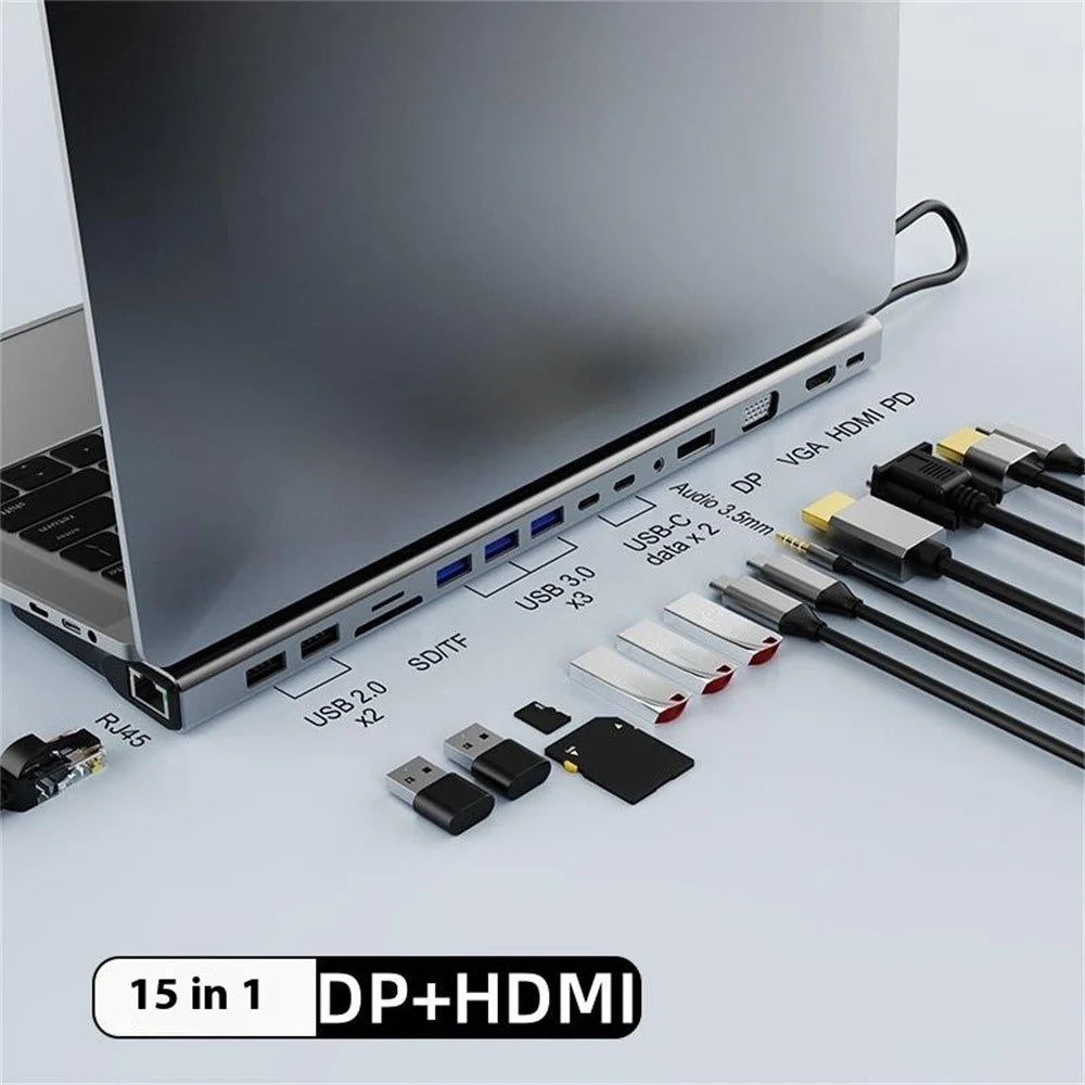 FX-2020C 15-in-1 Type-C Hub with 4K HD, DP, VGA, 100W PD Charging, USB 3.0, RJ45 Ethernet Port - 2