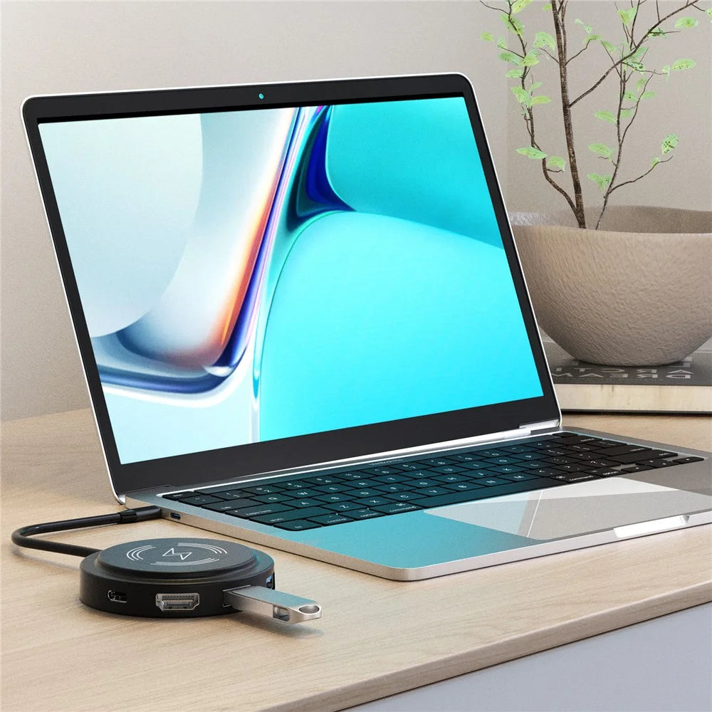 FX-2318A 6-in-1 Type-C Hub 15W Wireless Charger Round Docking Station with 4K HD Output - 5