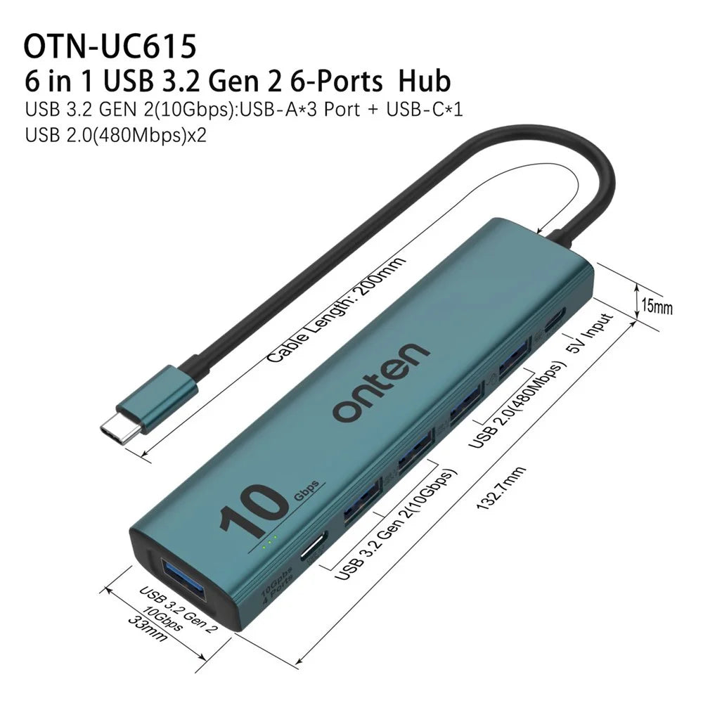 ONTEN UC615 USB-C Hub 4 x USB3.2 Gen2 + 2 x USB-A + USB-C Power Port Adapter - 7