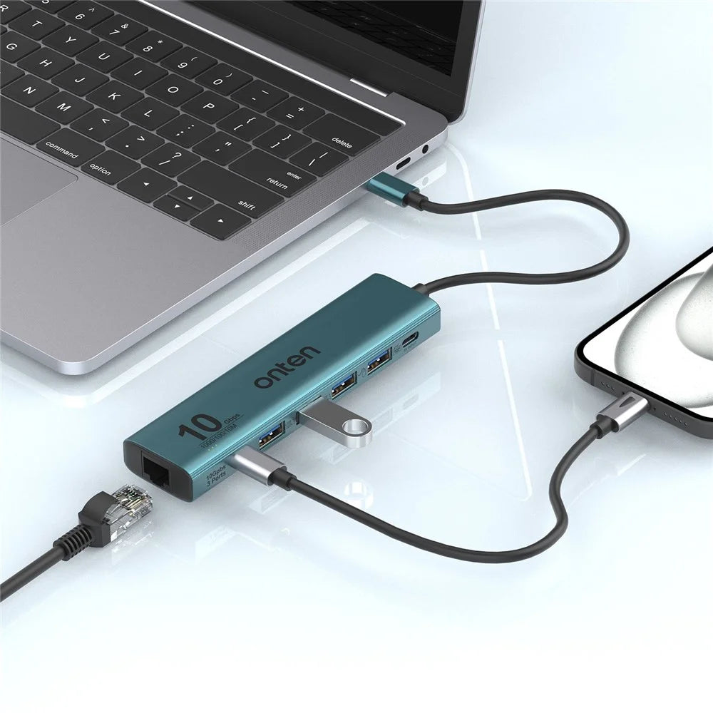 ONTEN UC616 USB-C to Gigabit Ethernet Adapter 3 USB3.2 Gen2 + 2 USB2.0 + USB-C Power Port Hub - 2