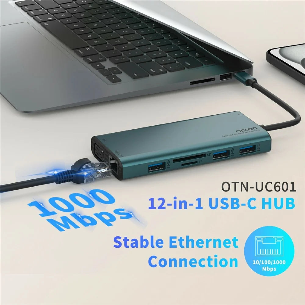 ONTEN UC601 USB 3.0 Hub Docking Station Gigabit Ethernet RJ45  /  Dual HD 4K  /  Type-C Multifunction Adapter - Green - 6